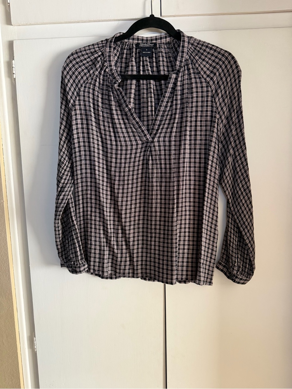 Lucky Brand Black and White Plaid Split-Neck Long Sleeve Blouse